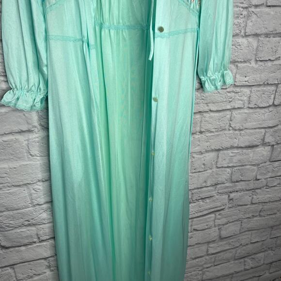Vintage Texsheen Peignoir Nightgown Set Teal Blue Size M Shiny Long Floral 60/70 - Picture 4 of 14